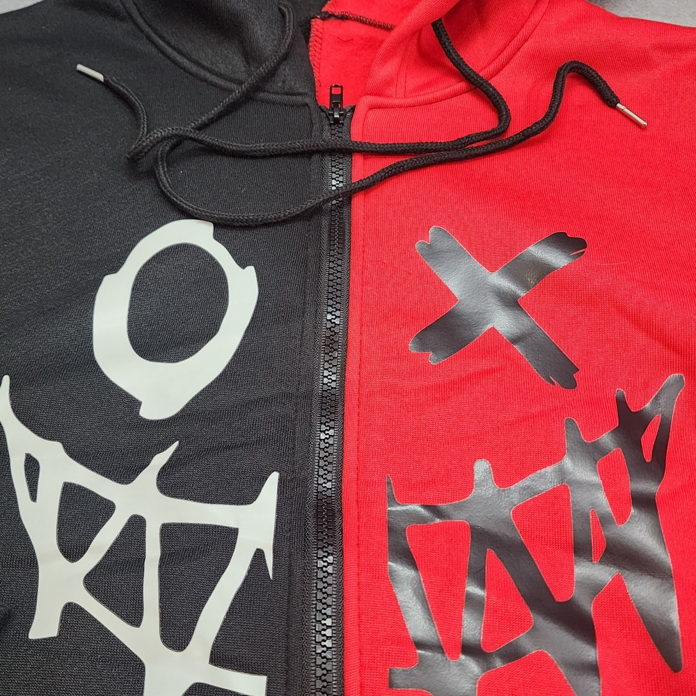 Unbranded Split Colorblock Graphic Zip Hoodie Red Black Streetwear Mens L - Picture 4 of 8